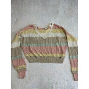 Hollister Pastel/Neutral Color Block Striped Vneck Knit Sweater size medium